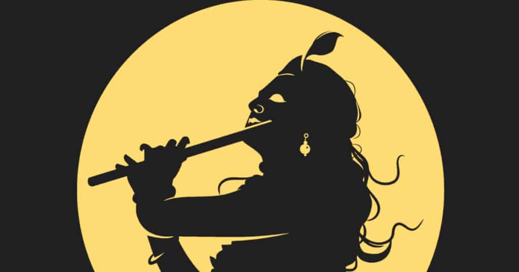 Krishna and Balarama Die - Featured Image - Picture of Krishna playing the flute with the sun setting behind him. Representing the fall of the Yadavas